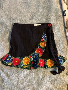 Black Embroidered Floral Wrap Mini Skirt